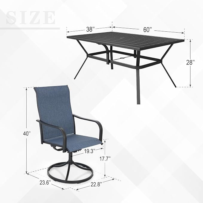 Anmutig 7-Piece Outdoor Dining Set, 6 Swivel Patio Chairs & 60''Rectangular Dining Table with All Weather Frame Furniture Set - Navy Style2 - Image 3