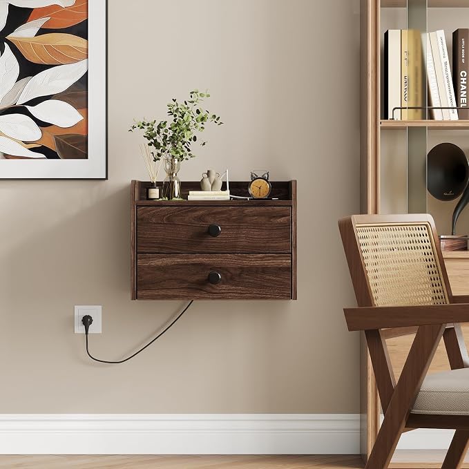 Floating Nightstand Set of 2 with 2 Storage Drawers and Charging Station Wood Wall Mounted Bedside End Table Modern Night Stands Set 2 for Bedroom,Small Space,Brown Walnut - Image 6