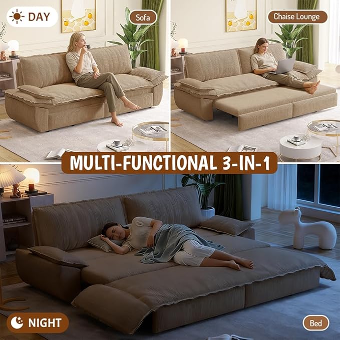 73.2" Queen Size Pull Out Sofa Bed, 3-in-1 Convertible Sleeper, Corduroy Loveseat for Living Room, Apartment, Bedroom Small Spaces, Camel (Mattress & Bedding Not Included)