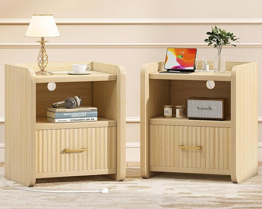 Night Stand with Charger Station, Fluted Nightstands Set of 2 with Drawer, Modern Bedside Table Set of 2, Wide Nightstands for Bedroom, Mid Century Wooden Night Stands for Home Sofa Couch by Curlaky