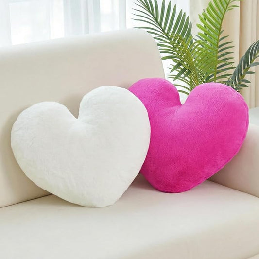 2 Pcs Heart Pillow Decorative Throw Pillows 16-inch Cute Soft Fluffy Heart Shaped Pillows for Bed Couch Sofa Bedroom Living Room Decor Aesthetic (White & Hot Pink, 16"x13.78")