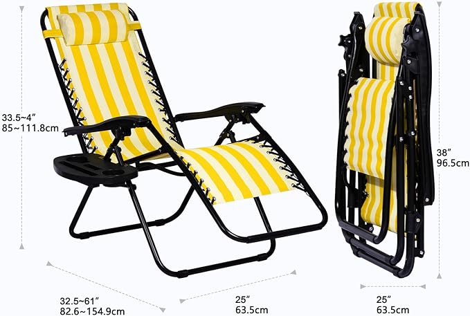Nazhura Set of 2 Relaxing Recliners Patio Chairs Adjustable Steel Mesh Zero Gravity Lounge Chair Beach Chairs with Pillow and Cup Holder (Yellow Stripe) - Image 3