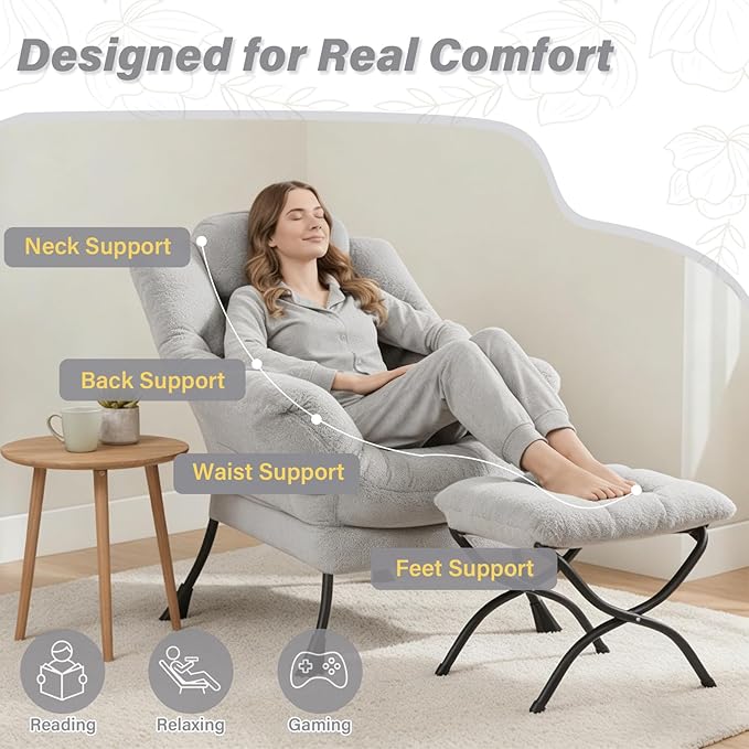 Plush Lazy Chair and Ottoman, Large Light Grey Contemporary Accent Chair with Side Pocket, Modern Leisure Upholstered Reading Armchair with Footrest for Office, Bedroom, Living Room, Balcony