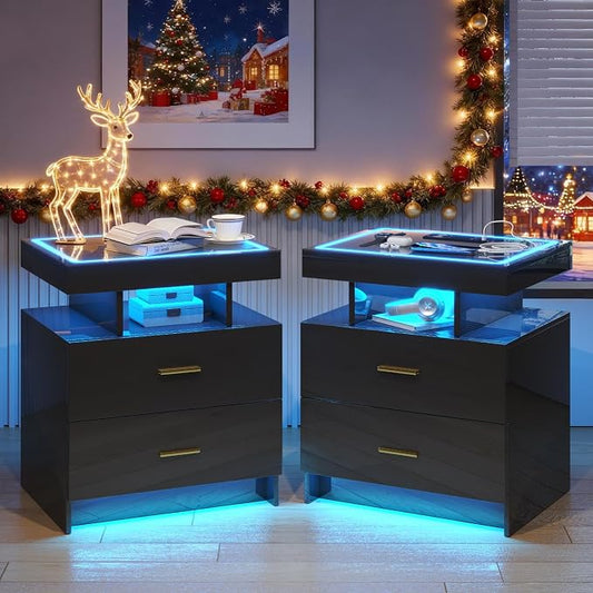 LED Nightstand Set 2 with Wireless Charging Station,Black Night Stand with 2 Drawers,Glass Top Smart Bedside Table,Modern End Table Side for Bedroom,Living Room,Office by MDGC
