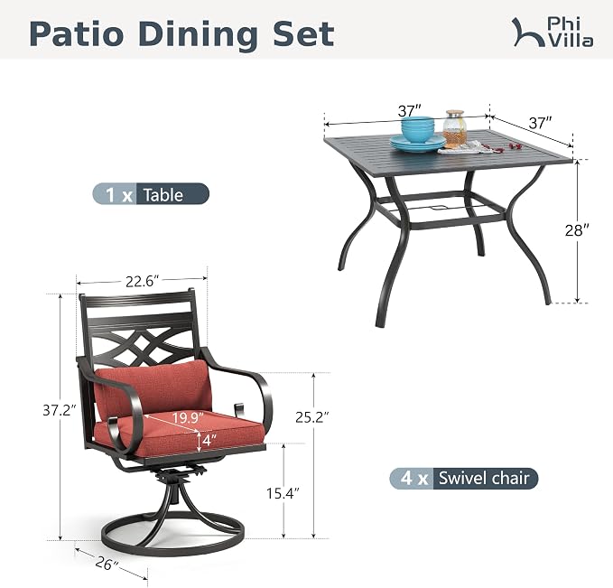 PHI VILLA 5 Pieces Outdoor Dining Set for 4, 37" Square Metal Table with Umbrella Hole & Wrought Iron Swivel Chairs, All Weather Outside Furniture with Red Cushions & Pillows for Patio, Deck, Porch - Image 2