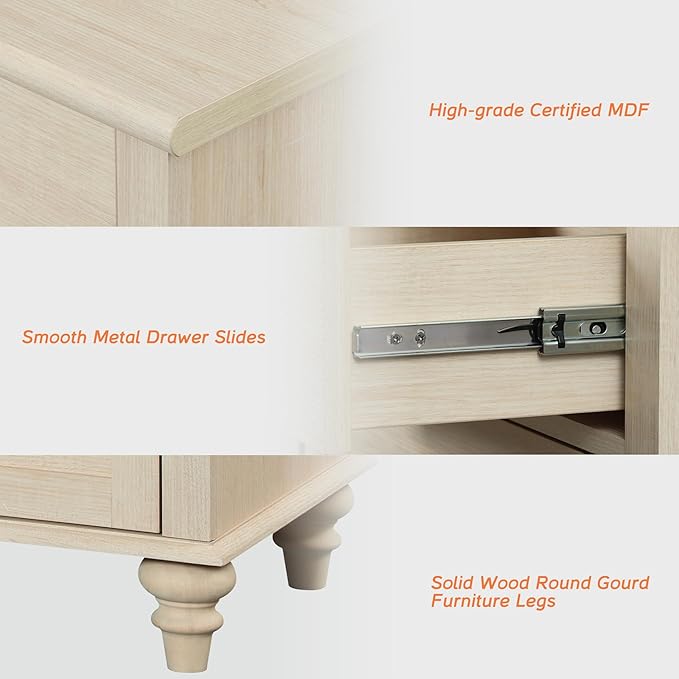 WAMPAT 3 Piece Bedroom Set - Includes Mid Century Dresser with 6 Drawers, Set of 2 Bedside Tables with Charging Station, 3 Piece Dresser and Nightstand Sets, Beige