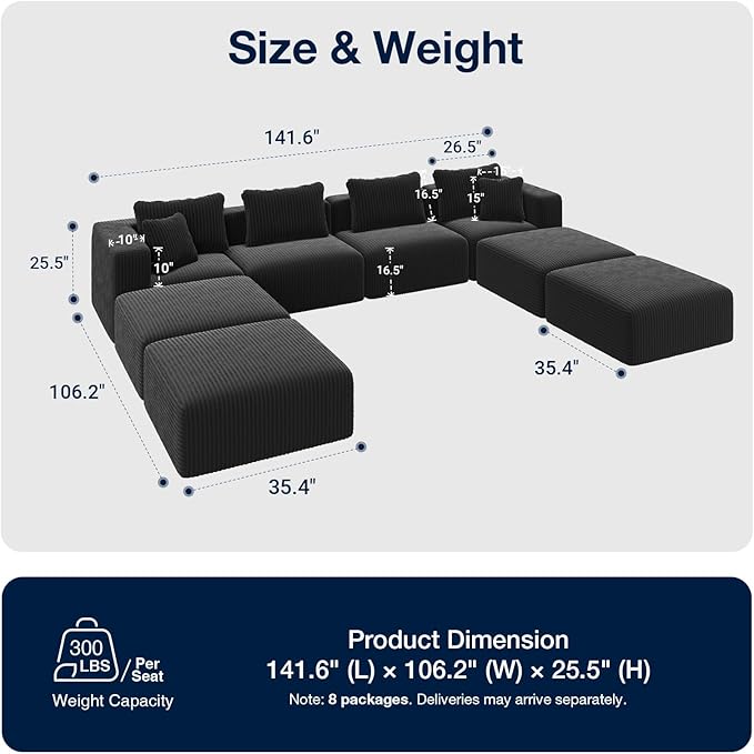 Avenco 141” U-Shaped Modular Sectional with 4 Ottomans, Individually Wrapped Coil Support & Corduroy Fabric, Zero Assembly 8-Piece Set for Spacious Living Room, Black