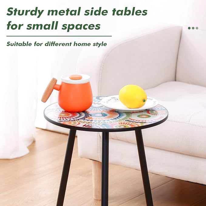Party Zealot Metal Mosaic Round Side Table Set of Two 13.4" Small Outdoor Patio Round Accent Coffee Tables Indoor Corner Stand for Small Space Weather-Resistant for Balcony Plant Stand - Image 5