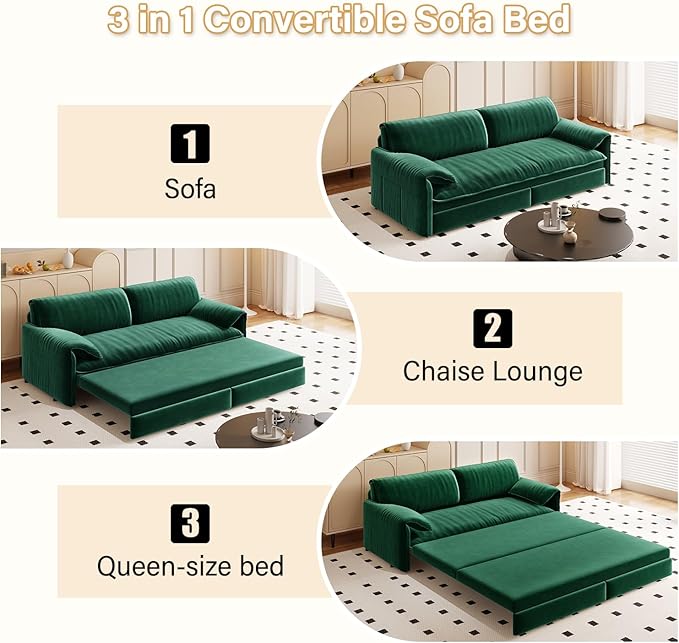 Eafurn 66" Convertible Sofa Bed Queen Size, 3-in-1 Pull Out Sleeper Couch Sofabed, Modern Velvet Loveseat Chaise Lounge w/Side Storage Pocket for Living Room Office | Removable Cushions