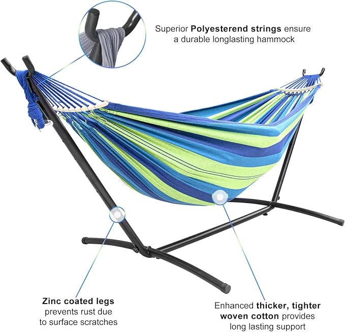 SZHLUX Double Hammock with Stand Included 450lb Capacity Steel Stand, Premium Carry Bag Included.Indoor Outdoor Brazilian-Style Cotton Bed for Backyard, Camping,Garden,Green - Image 5
