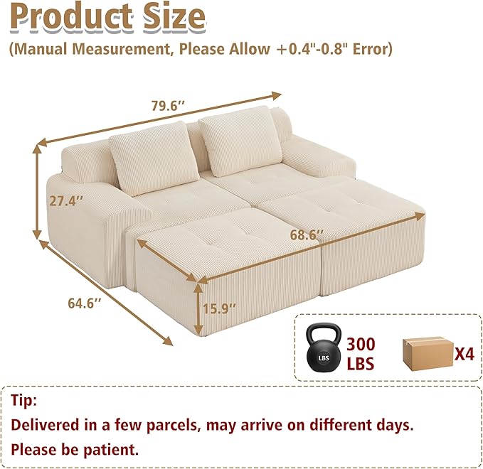 KIGOTY Modular Sectional Sofa, 4 PCS Comfy Cloud Sectional Couch with Deep Seat, Sleeper Sofa Bed with Ottoman, Modern Boneless Couch for Living Room, No Assembly Required,White