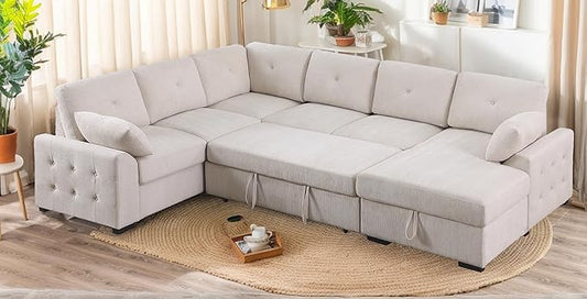 ERYE U-Shaped Pull Out Sleeper Couch Bed, Modern Chenille Upholstered Button Tufted Corner Couch Right Facing Sectional Sleeper Sofa Bed W/Storage Chaise and 2 Pillows
