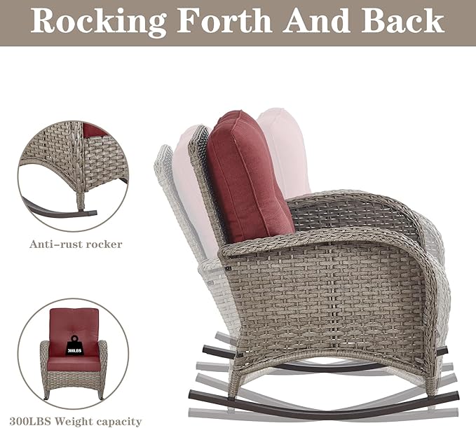 Belord Patio Rocking Chairs Wicker Set - Outdoor Rocking Chairs Set of 2 with Side Table, 3 Piece Patio Rocker Furniture Set with Water-Resistant Cushions for Balcony Porch Backyard