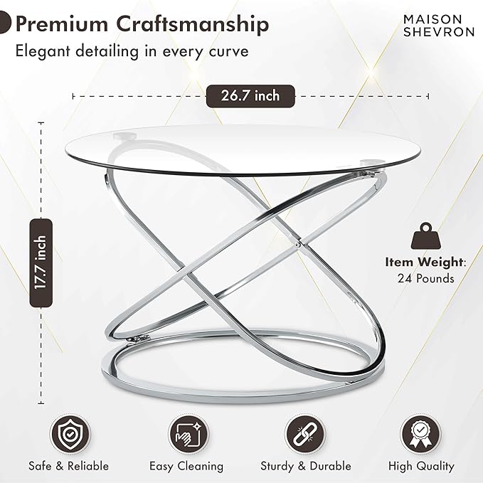 Modern Silver Round Glass Coffee Table – 26.7” Tempered Glass Top & Luxe Chrome Cross-Leg Base – Stylish Accent Table for Living Room, Apartment or Condo – Easy Setup – Space-Saving & Statement-Making
