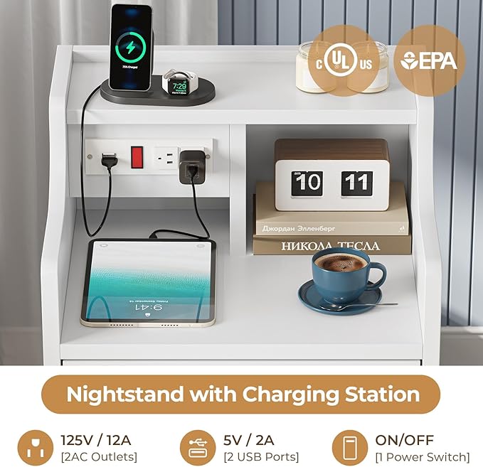 ADORNEVE Night Stand Set 2,White Nightstand with Charging Station & Hutch,Night Stands for Bedrooms Set of 2,Bedside Table with Drawers - Image 3