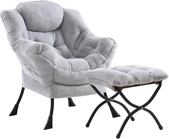 Plush Lazy Chair and Ottoman, Large Light Grey Contemporary Accent Chair with Side Pocket, Modern Leisure Upholstered Reading Armchair with Footrest for Office, Bedroom, Living Room, Balcony