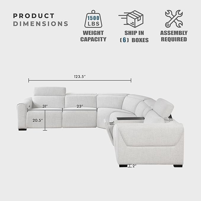 Lexicon Power Reclining Sectional Couches for Living Room-Modular Sectional Sofa, Wall Hugger,3 Recliner Seats, Console Cup Holders, Power Headrests, Charging Ports, 5 Seater Couch, Chenille Cloud