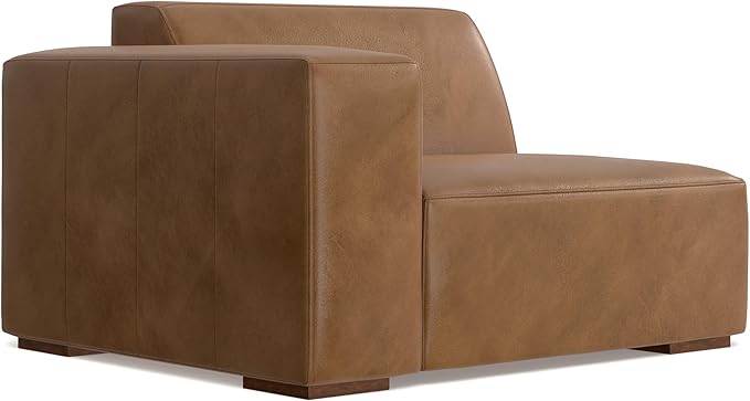 SIMPLIHOME Rex Left-Arm Sofa Module in Full-Grain Genuine Leather, Caramel Brown, 44-inches Wide, Handcrafted Modern-Style Left-Arm Accent Chair for Living Room and Family Room