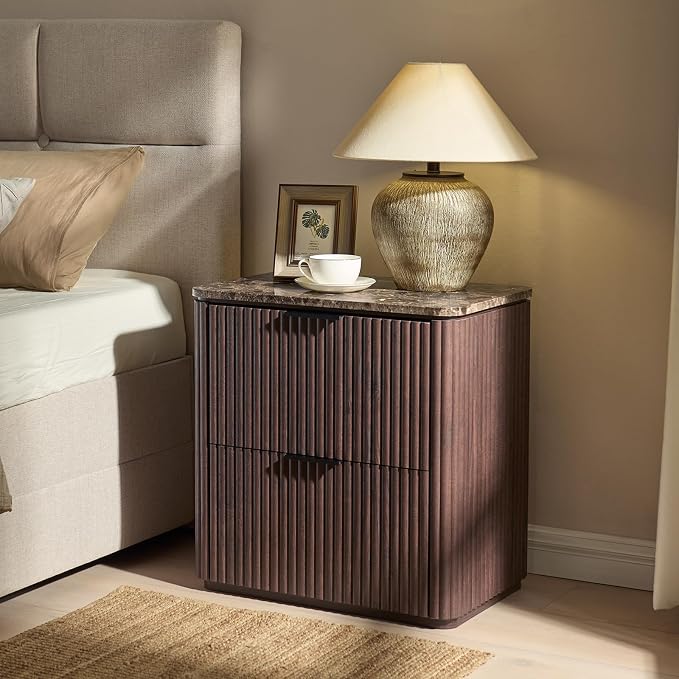 Fluted Nightstand Set of 2, 23" W Night Stand with 2 Drawers, Wood Bed Side Table with Faux Marble-Top, Curved Corner, Metal Handle, Modern Bedside Table for Bedroom, Living Room, Office, Dark Oak - Image 6