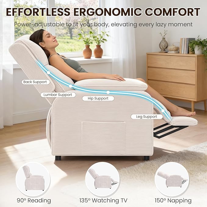 EROMMY Electric Recliner Chair, Oversized Power Recliner with USB Charging Port & Side Pockets, Heavy Duty Corduroy Reclining Sofa Chair, Wide Seat Living Room Chair for Adults, Beige