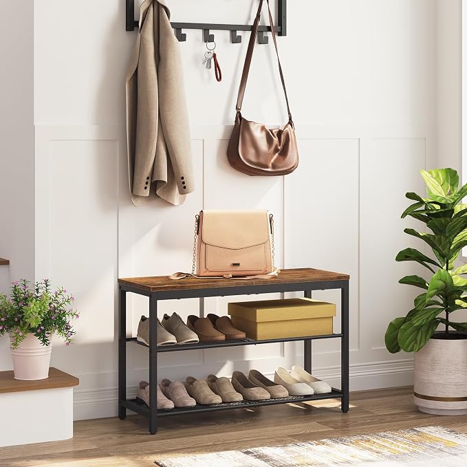 HOOBRO Shoe Bench, 3-Tier Shoe Rack, Industrial Shoe Organizer Storage Bench, 29.5 inches Entry Bench with Mesh Shelves, for Entryway, Living Room, Hallway, Easy Assembly, Rustic Brown BF75HX01 - Image 7