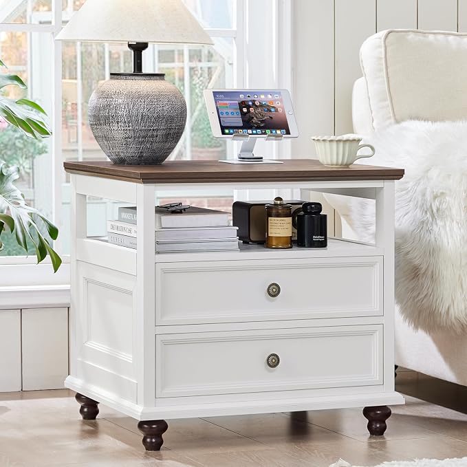 Joaxswe 24" Wide Farmhouse Night Stand,Large End Table with 2 Drawers & Metal Handle,Wood Dresser for Bedroom, White Bed Side Table Chest of Drawers Cabinet,Nightstand for Living Room,Closet by Joaxswe