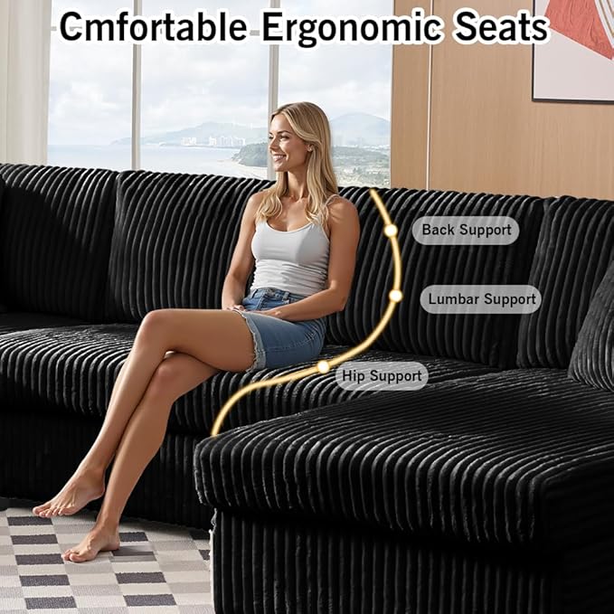 123" U-Shaped Modular sectional Sofa, Two L-Shape Chaise with 2 Cloud Couch sectional with Two Pillows, couches for Living Room (Black)