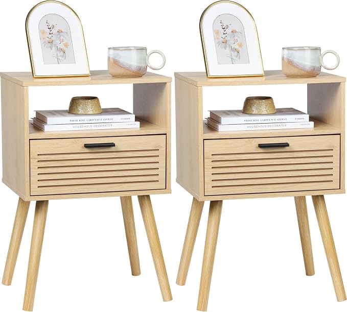 Rattan Nightstand with Solid Wood Storage Drawer, Bedside Table for Bedroom Living Room Dorm, 2 Tier Modern Night Stands for Small Space, Minimalist Bed Table Dresser Chest(Retro, 2 Sets) by Unknown
