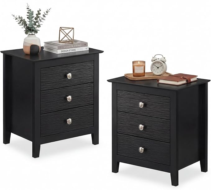 KOMFOTT Modern Farmhouse Nightstand with 3 Drawers Set of 2, Bedside Table with Wood Grain Fronts & Sleek Knobs, Wooden End Table Sofa Side Table for Bedroom Small Spaces (Black,2) by KOMFOTT