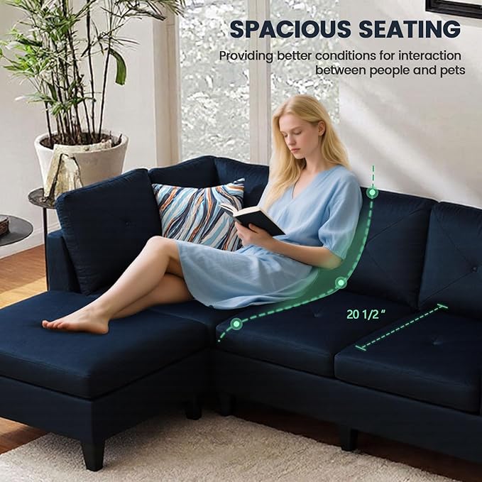 Sectional Couches for Living Room Furniture Sets, 4 Seat L Shaped Couches with Ottoman, Modular Sectional Sofa for Apartment Furniture Sets, Dark Blue