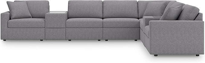 Signature Design by Ashley Modmax Contemporary Stain Resistant Right-Arm Facing 8-Piece Sectional with Storage Consoles, Armrest, Throw Pillows and Reversible Cushions, Gray