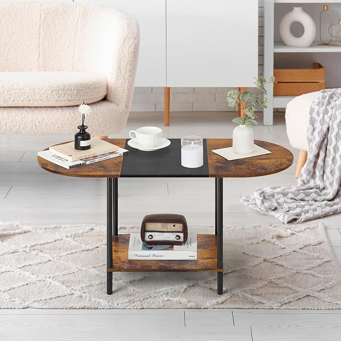 Shinoske Coffee Tables for Living Room,2-Tier Small Coffee Table Farmhouse Oval Center Table with Storage Shelf and Wood Tabletop,for Small Space,Home Office,Black & Brown