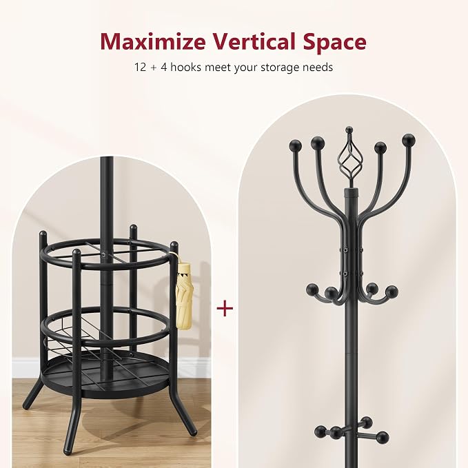 Tajsoon Coat Rack Stand with Umbrella Holder, Coat Tree Freestanding with 16 Hooks, Coat Hangers Stand for Living Room, Bedroom, Office, Black - Image 6