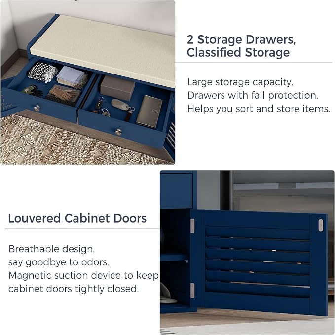 WARMHONIU Shoe Storage Bench with 2 Drawers, Entryway Bench with Cushion, Adjustable Shelves, Shoe Rack Bench with Louvered Doors for Entryway, Bedroom, Hallway, Blue - Image 5