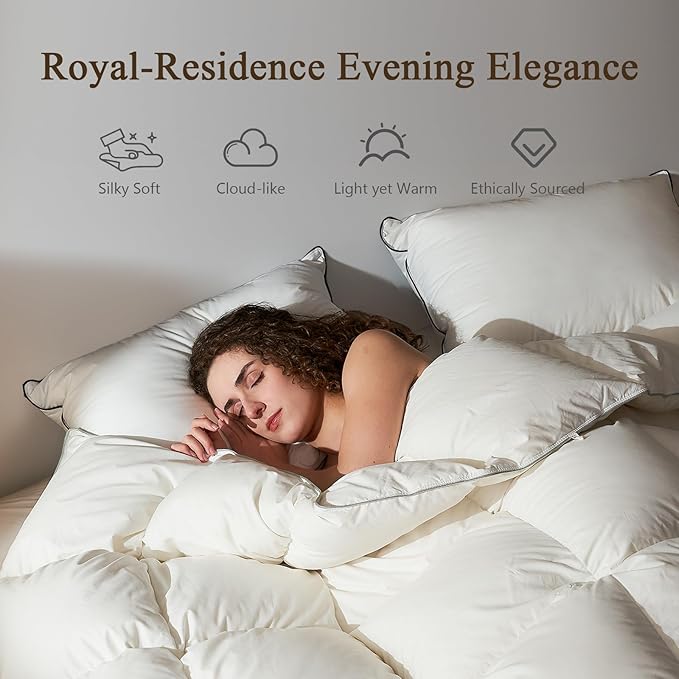 BPC Goose Feather Down Fiber Comforter Oversized King - 100% Organic Cotton Cover, 750 FP Cloudy-Fluffy Duvet Insert for All-Season, White, 120x98 Inches