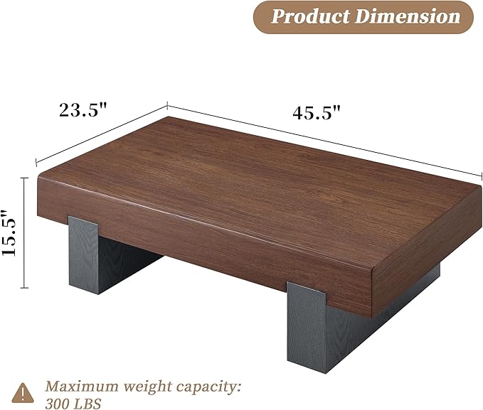Walnut Wood Coffee Table with Storage Modern Small Coffee Table for Living Room Rectangle Farmhouse Center Table Thick Tabletop