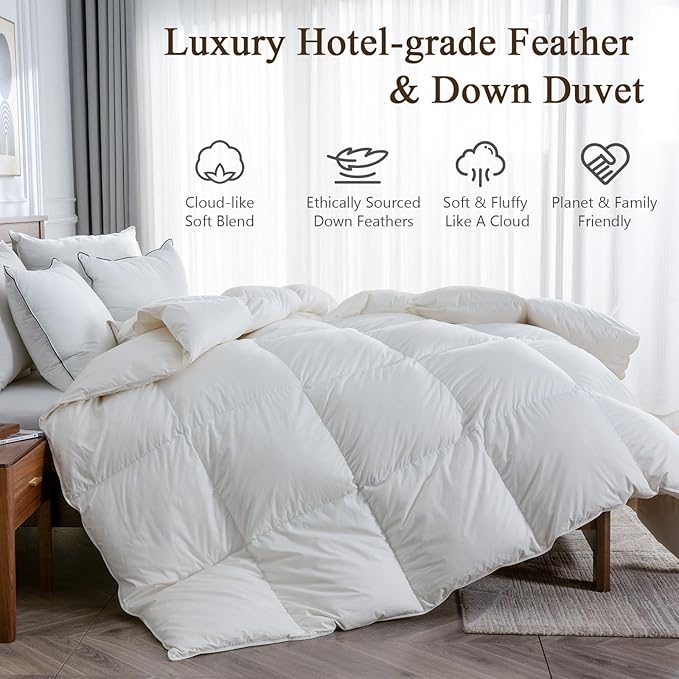 Lightweight Goose Feather Down Fiber Comforter Oversized King, 750 FP Cloudy-Fluffy Duvet Insert, Ultra-Soft Pima Cotton Blend Cover, Hotel Luxury Comforter for Hot Sleepers, White, 120x98 Inches