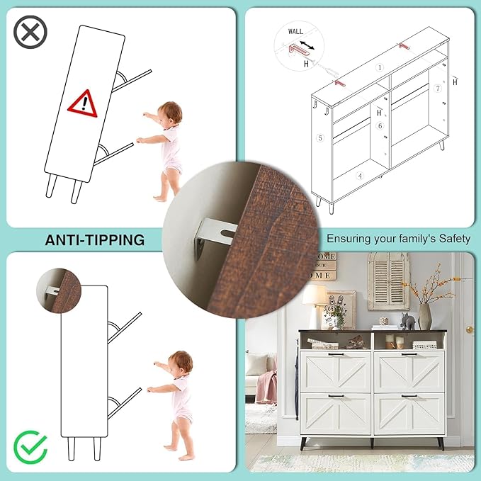 Barnyatoh Shoe Storage Cabinet,Farmhouse Shoe Organizer with 4 Flip Drawers & Barn Door Design,Freestanding Hidden Slim Narrow Shoe Rack with Open Shelves for Entryway,Foyer,Hallway,Antique White - Image 7
