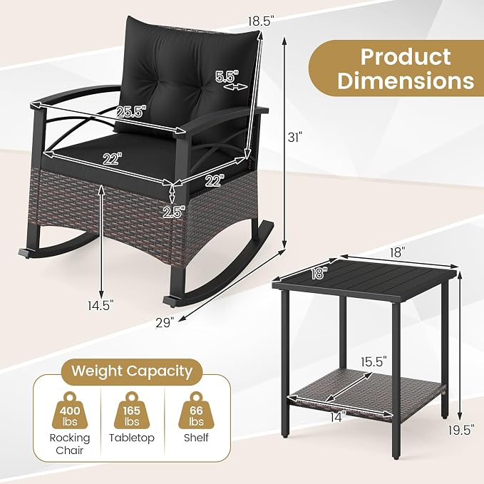 Tangkula 3 Piece Rattan Rocking Chair Set, Patio Rocker Bistro Set with Acacia Wood Tabletop & Armrests, 2 Outdoor Cushioned Armchairs w/Double-Tier Side Table for Porch, Balcony, Backyard - Image 5