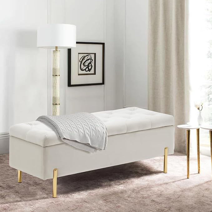 Velvet Storage Bench Ottoman,Versatile Seating with Hidden Storage,End of Bed Bench,Tufted Bench for Bedroom,Living Room,Entryway,Ivory - Image 8