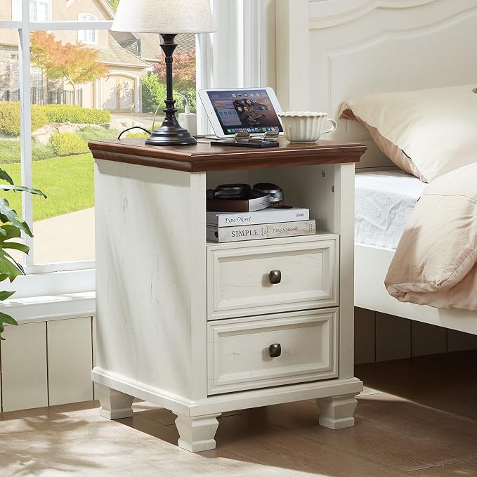 SAVOR LIFE Farmhouse Nightstand Set of 2 with Charging Station, Antique Nightstands with Drawers, Bedside Table with Open Shelf for Bedroom, White - Image 2