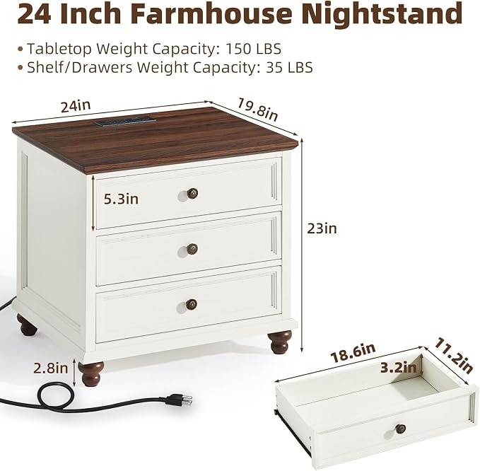 Joaxswe Farmhouse Nightstand with Charging Station, 24" Wide End Table with 3 Drawers,White Wood Dresser for Bedroom, Bed Side Table Chest of Drawers Cabinet,Night Stand for Living Room, Closet - Image 2