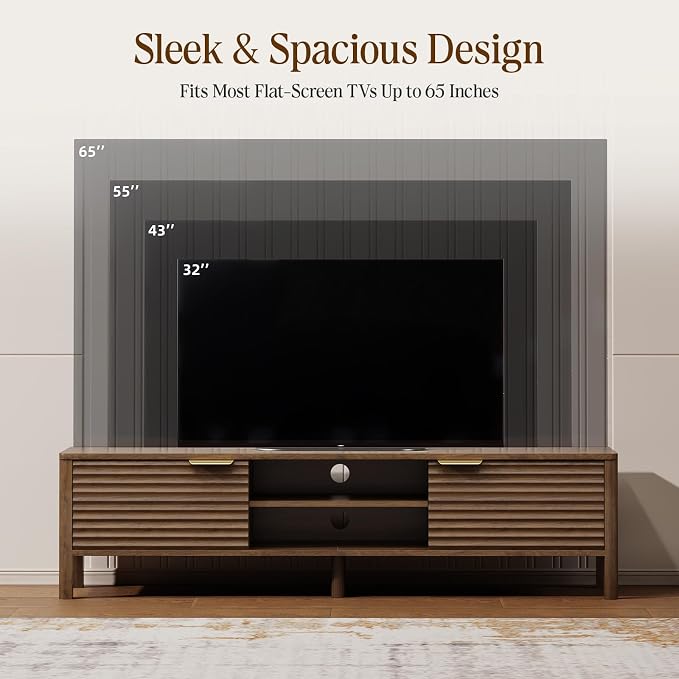 IKALIFE TV Stand for Living Room - up to 65 Inch TVs Mid Century Modern Entertainment Center with Storage and Adjustable Shelves, Media Console Table Walnut 59" - Image 4