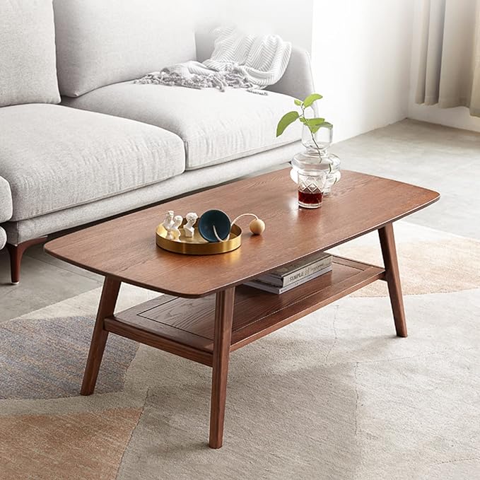 100% Solid Oak Wood Coffee Table for Living Room, 2-Tier Living Room Table with Storage Shelf, Mid Century Modern Coffee Tables (Walnut Colour, 39.37" W x19.68 D x 17.32" H)