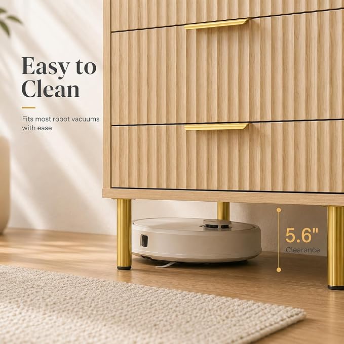 24" Tall Wood Nightstand, Mid-Century Modern Fluted Bedside Table with 3 Drawers, Small Oak Dresser, Japandi Ribbed Side Table with Gold Legs, 1-Pack - Image 7