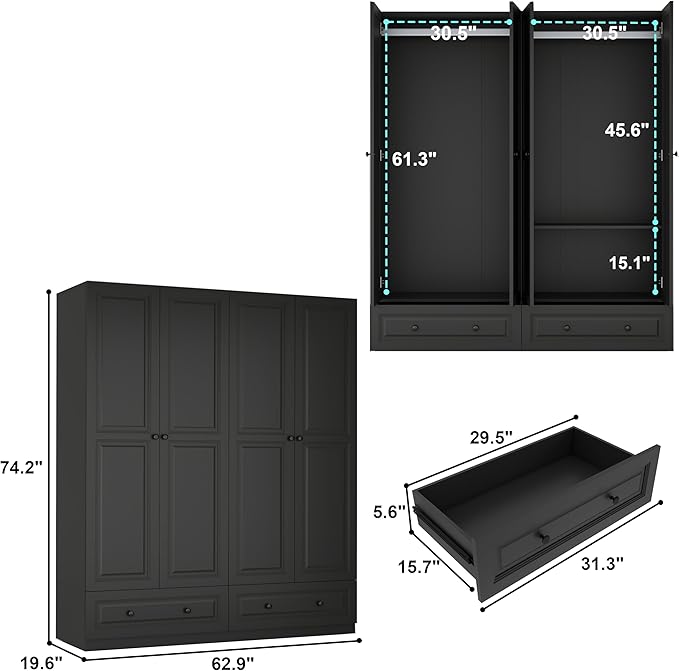 Armoire Wardrobe Closet with Drawers: 74" Black Wardrobe Closet with 4 Doors, Bedroom Armoires with 2 Drawers, Wood Closets Cabinet for Hanging Clothes (Black, 63")