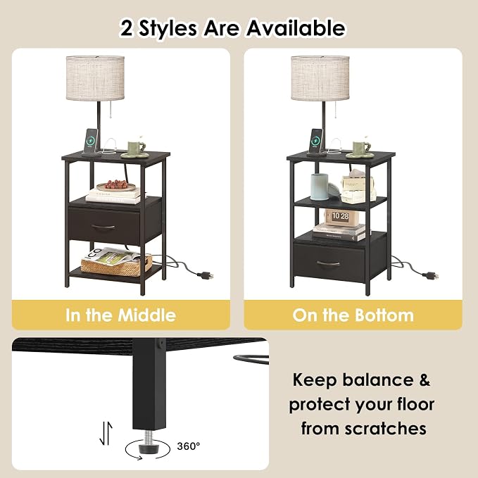 Fixwal Nightstand with LED Lights Bedside Table with 3 Color Temperatures Bulb, NightStand with Charging Station End Table with Adjustable Fabric Drawer for Bedroom Dorm, Black - Image 6
