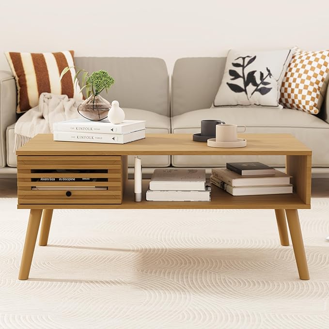 Mid Century Modern Coffee Table, CoffeeTable with Storage, Living Room Center Table with Slatted Panel Drawer, Fluted Wood Coffee Table with Open Shelf for Living Room, Oak