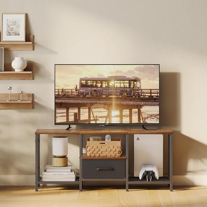 JARHETUN TV Stand with Fabric Drawer, Entertainment Center for 50 55 Inch TV, Industrial TV Console Table with Open Storage Shelves for Living Room, Bedroom, Rustic Brown - Image 8