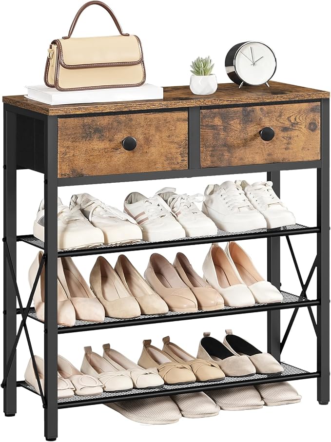 YATINEY 4 Tier Shoe Rack, Large Capacity Shoe Storage Organizer, Metal Shoe Shelf with Drawer and Wooden Top, for 16 Pairs of Shoes, for Entryway, Closet, Rustic Brown and Black SS24BR - Image 9